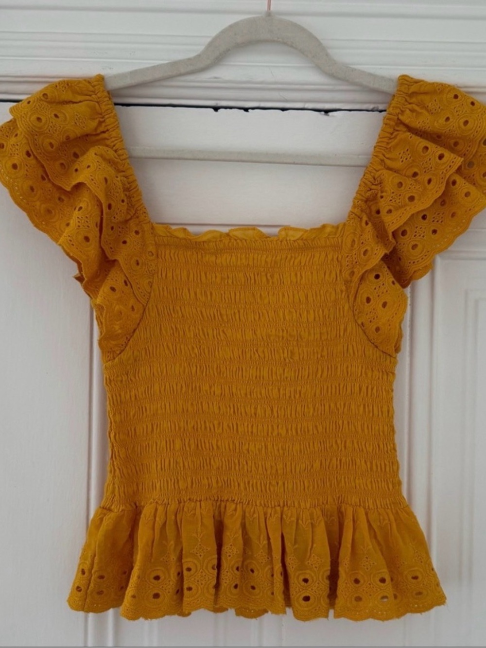House of Harlow 1960 Mustard Yellow Eyelet Ruffle Smocked Top
